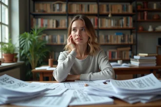 Jeune femme pensant dans un bureau désordonné