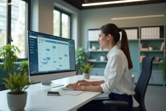 Femme professionnelle vérifiant son planning numérique au bureau