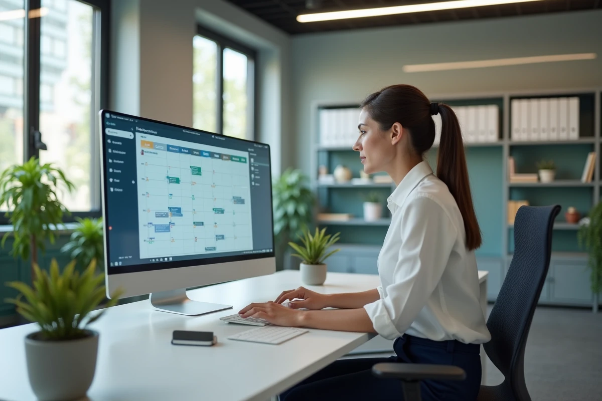 Femme professionnelle vérifiant son planning numérique au bureau