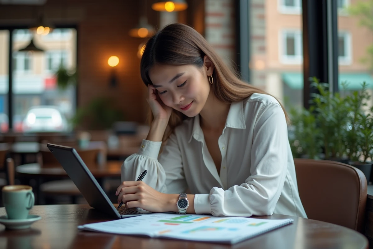 Jeune femme travaillant sur une tablette dans un café urbain