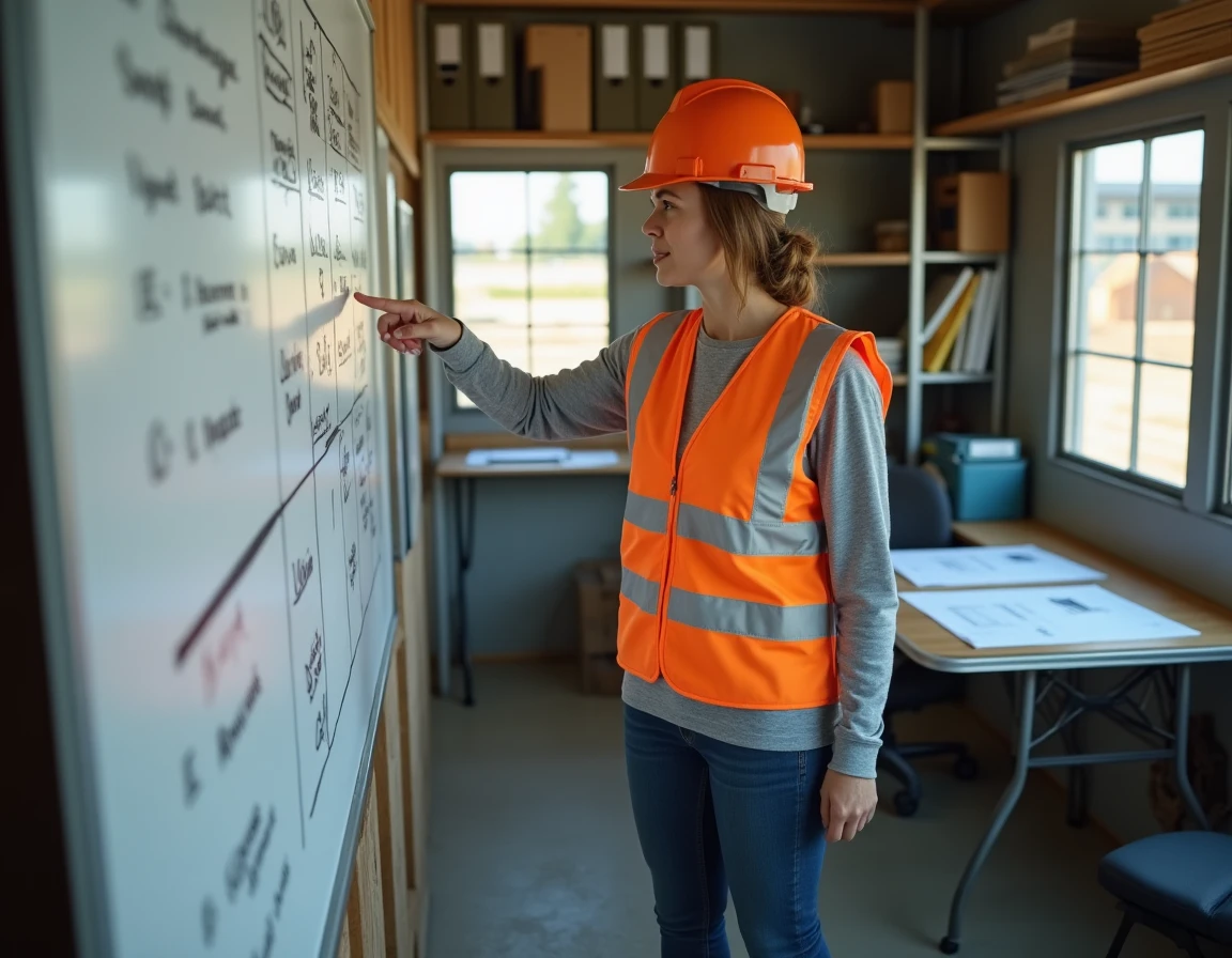 Femme chef de chantier en gilet de sécurité expliquant un planning de travaux sur un tableau blanc dans un bureau de chantier