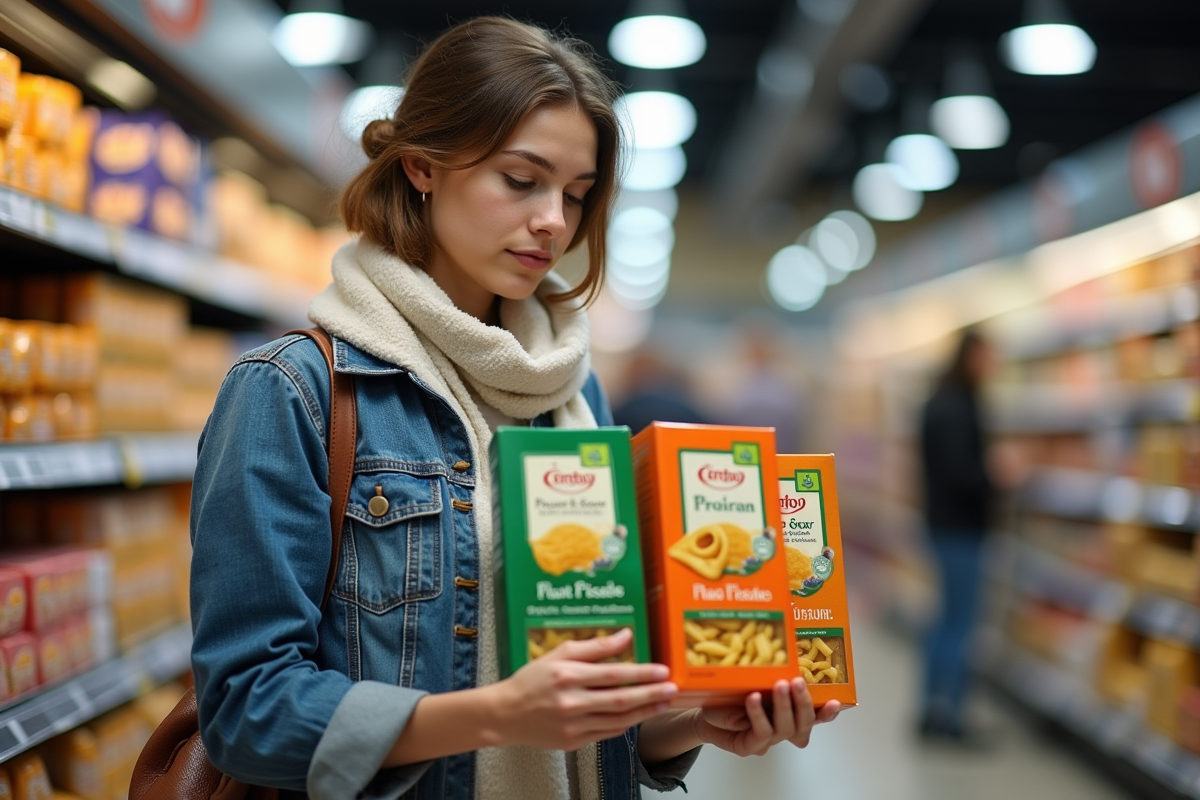 Jeune femme choisissant des paquets de pâtes dans un supermarché