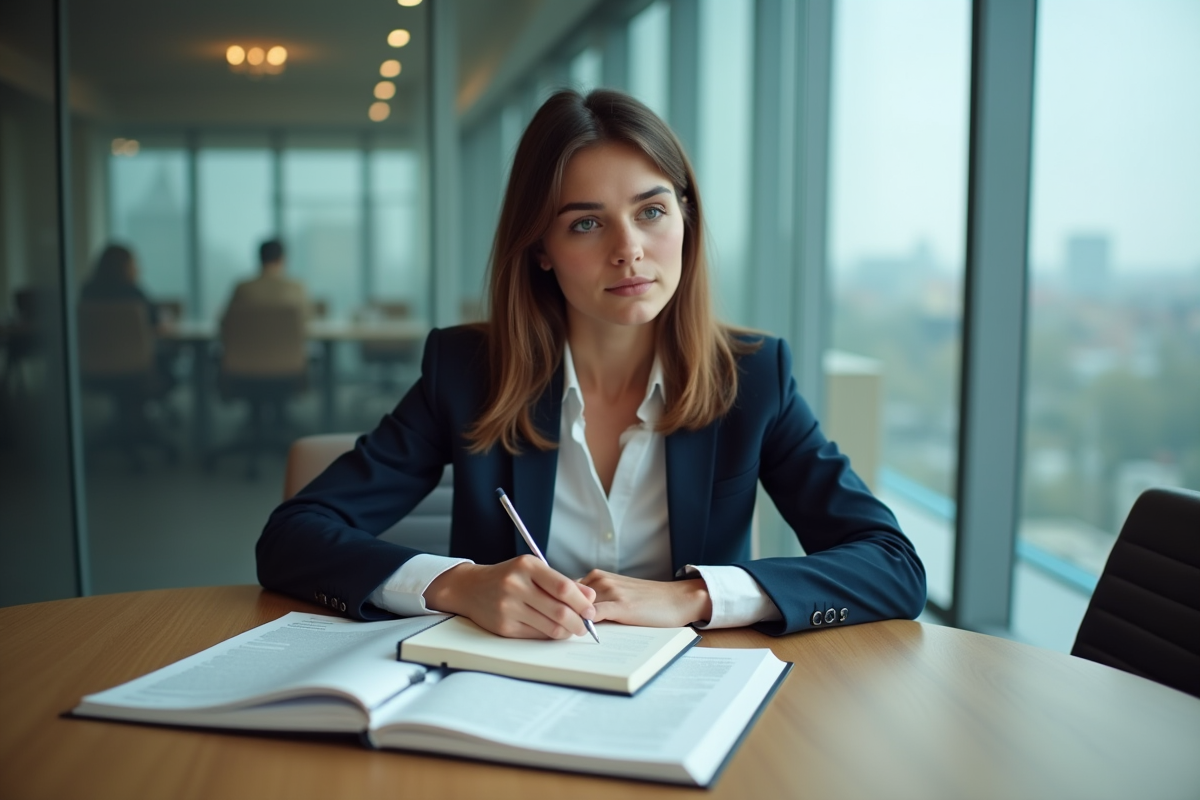 Jeune femme en réunion avec livres de droit et constitution française