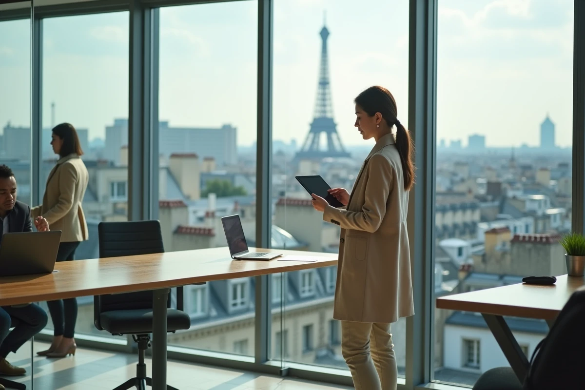 Jeune femme en trench conduisant une visioconference dans un espace de coworking