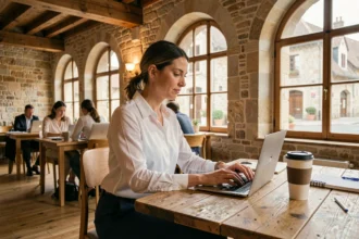 Femme professionnelle travaillant sur son ordinateur portable dans un espace de coworking à Beaune avec des murs en pierre apparente