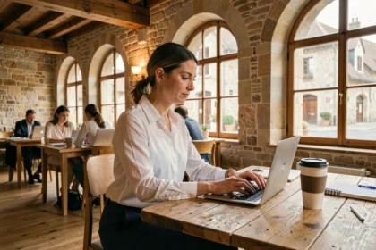 Femme professionnelle travaillant sur son ordinateur portable dans un espace de coworking à Beaune avec des murs en pierre apparente