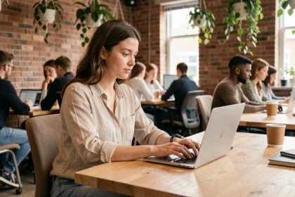Jeune femme travaillant sur un ordinateur portable dans un espace de coworking abordable à Orange