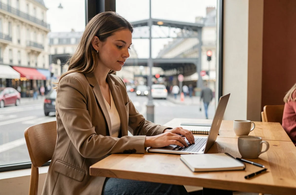 Femme travaillant sur un ordinateur portable dans un espace de coworking parisien près de la gare de Lyon