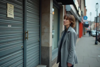 Femme devant un supermarché fermé avec volets baissés et affiche de fermeture sur la porte en verre