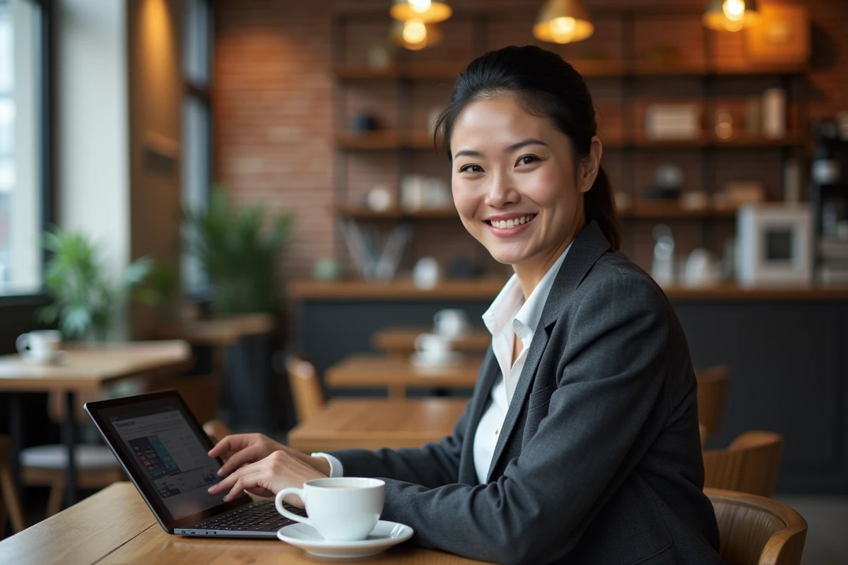 Femme dirigeante consultant une calculette de rentabilité sur tablette dans un café urbain