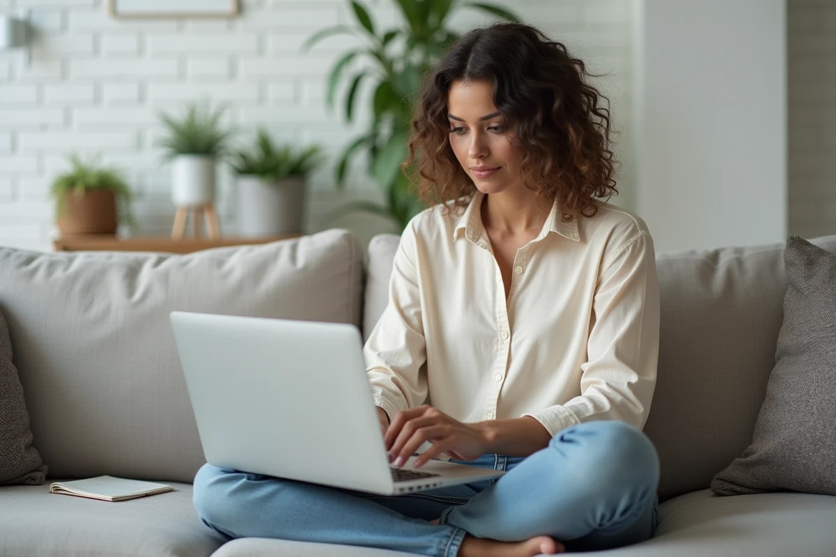 Femme entrepreneur travaillant depuis chez elle sur son ordinateur portable et prenant des notes pour développer ses revenus en ligne