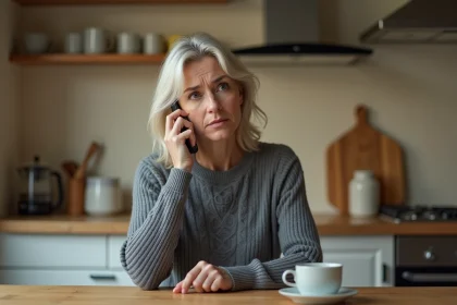 Femme inquiète au téléphone suspectant une arnaque à l'URSSAF dans sa cuisine