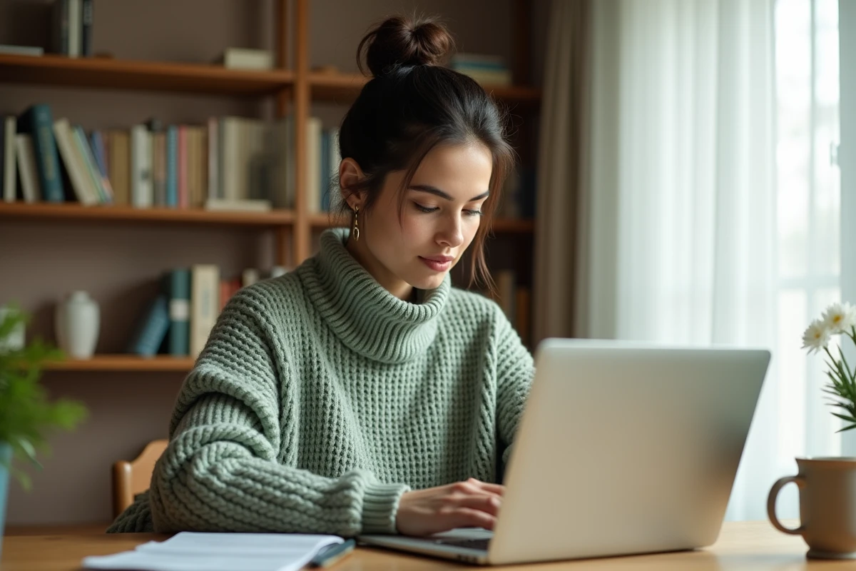 Femme introvertie en télétravail tapant sur un ordinateur portable dans un bureau à domicile chaleureux et minimaliste