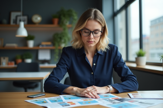 Femme lisant des flyers colorés sur un bureau moderne