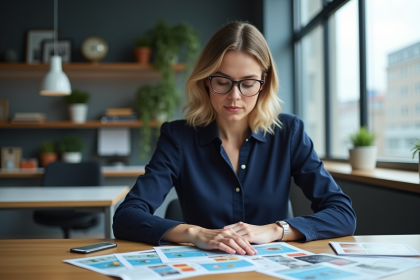 Femme lisant des flyers color&eacute;s sur un bureau moderne