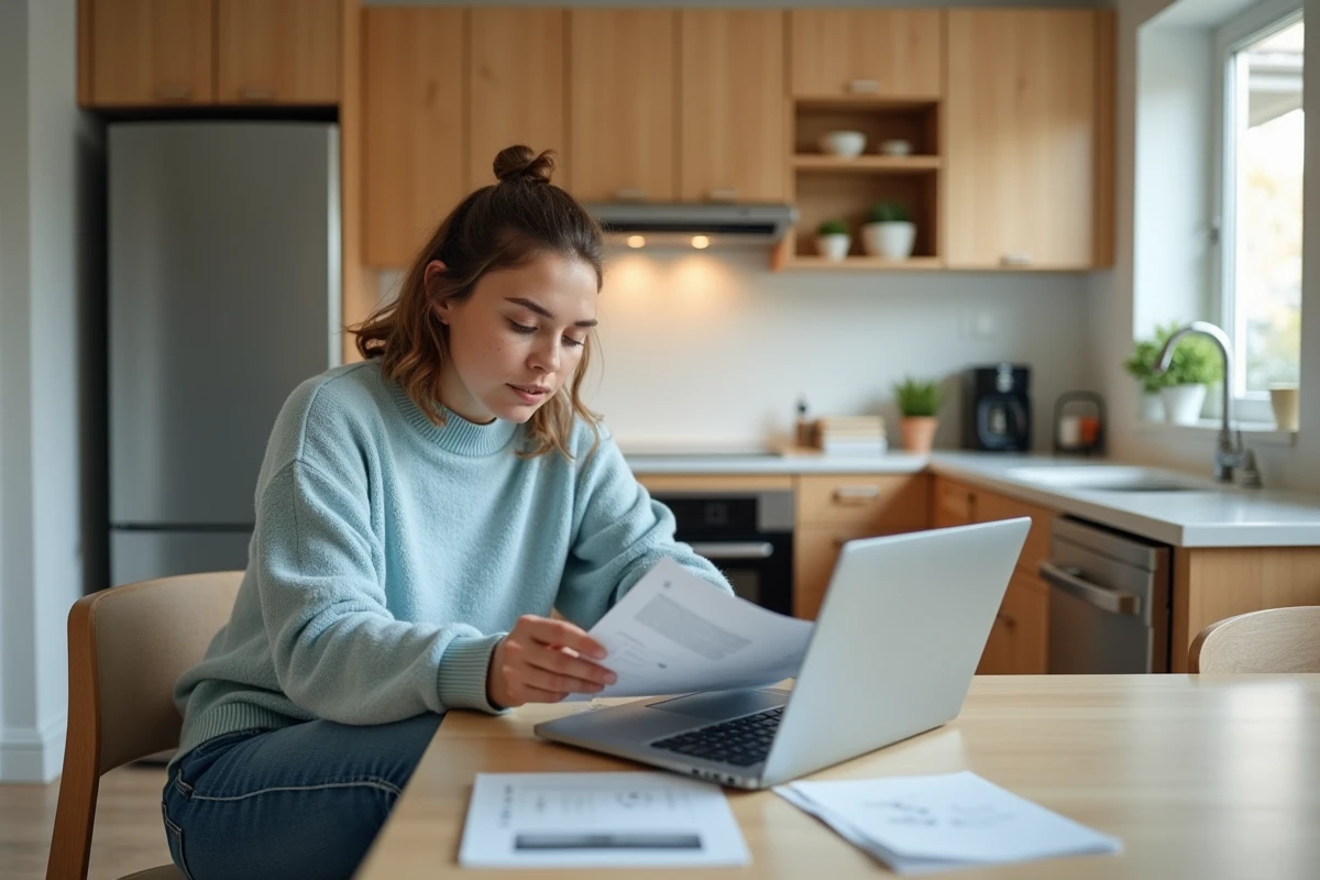 Femme lisant un manuel près d'une smart TV dans une cuisine lumineuse