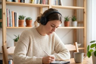 Jeune femme concentrée prenant des notes sur une tablette à la maison