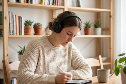 Jeune femme concentrée prenant des notes sur une tablette à la maison