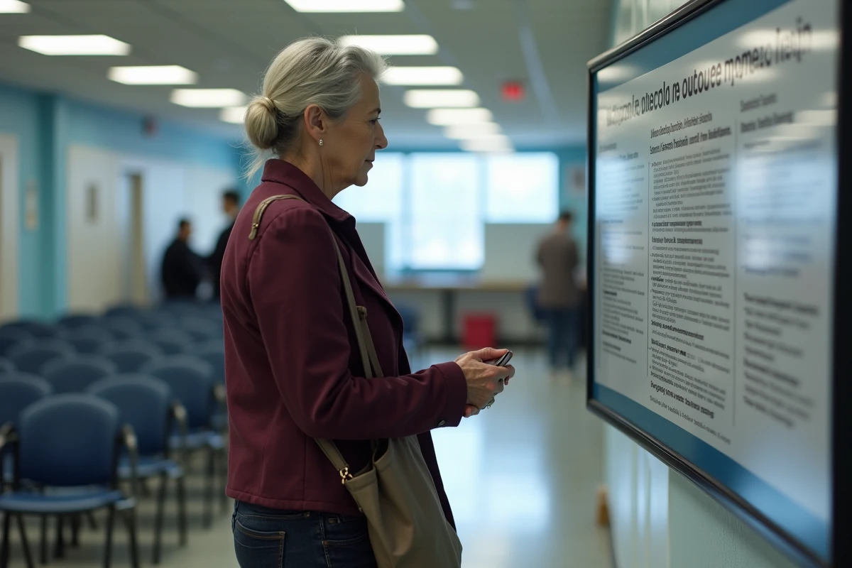 Femme lisant une affiche sur les aides chômage dans un centre pour l'emploi, ASP ASPA et ASS expliquées