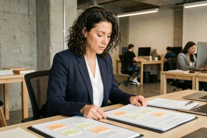 Femme freelance en portage salarial consultant deux dossiers distincts dans un espace de coworking moderne