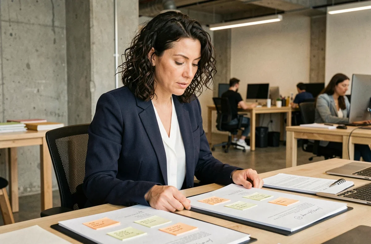 Femme freelance en portage salarial consultant deux dossiers distincts dans un espace de coworking moderne