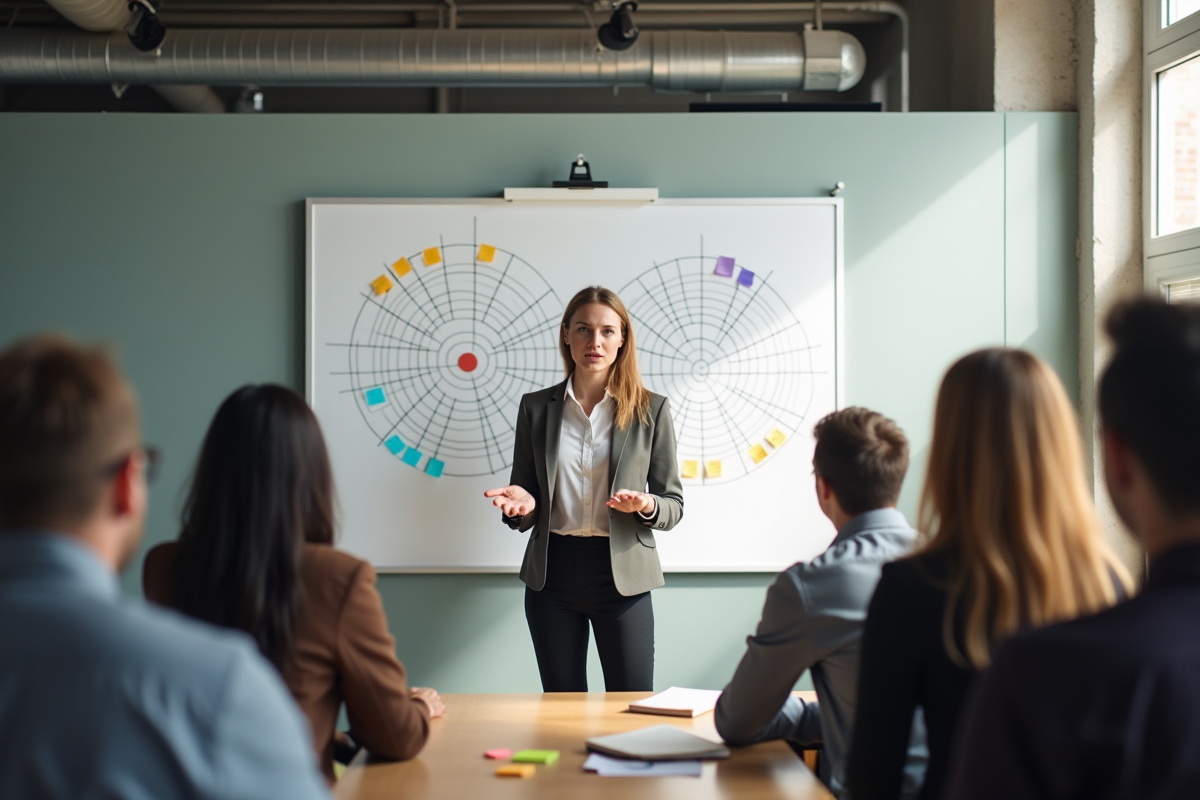 Femme confiante présentant un tableau de cibles à une équipe