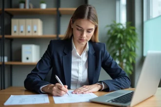 Jeune femme professionnelle en bureau moderne avec checklist
