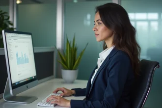 Femme en blazer navy travaillant au bureau