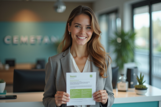 Jeune femme d'affaires souriante avec flyer dans un bureau moderne
