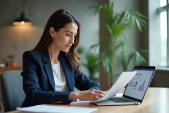 Femme professionnelle consultant un tableau de bord partenaire sur ordinateur portable dans un espace de co-working moderne