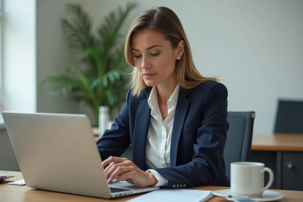 Femme professionnelle rédigeant une signature de mail automatique sur son ordinateur portable dans un bureau moderne