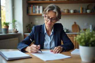 Femme en blazer bleu étudiant des documents d'aide au chômage