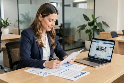Femme en reconversion professionnelle consultant des offres d'emploi dans un bureau moderne, exprimant concentration et optimisme