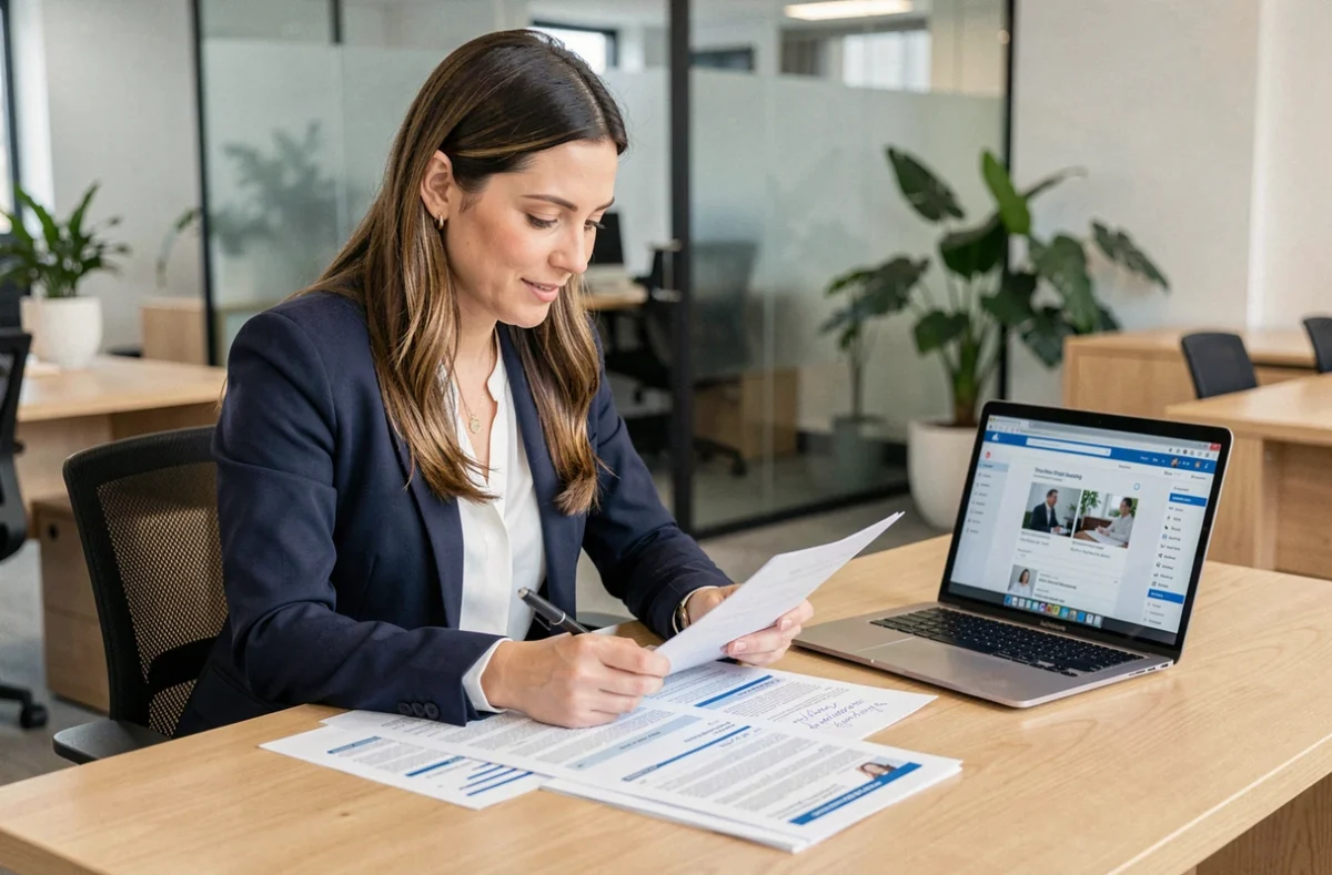 Femme en reconversion professionnelle consultant des offres d'emploi dans un bureau moderne, exprimant concentration et optimisme