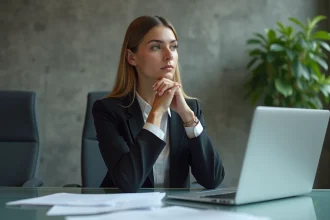 Femme pensive au bureau avec documents et ordinateur