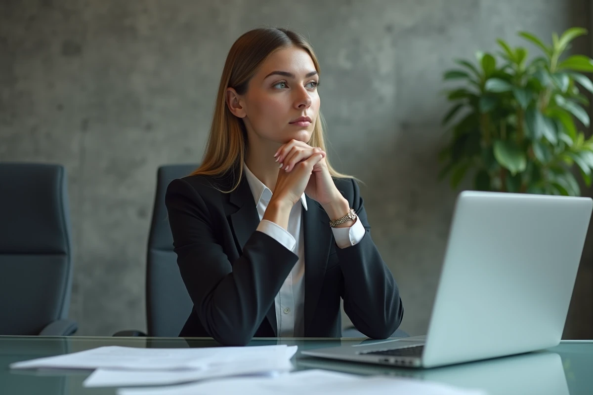Femme pensive au bureau avec documents et ordinateur