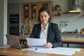 Femme professionnelle examine devis de renovation dans une cuisine moderne