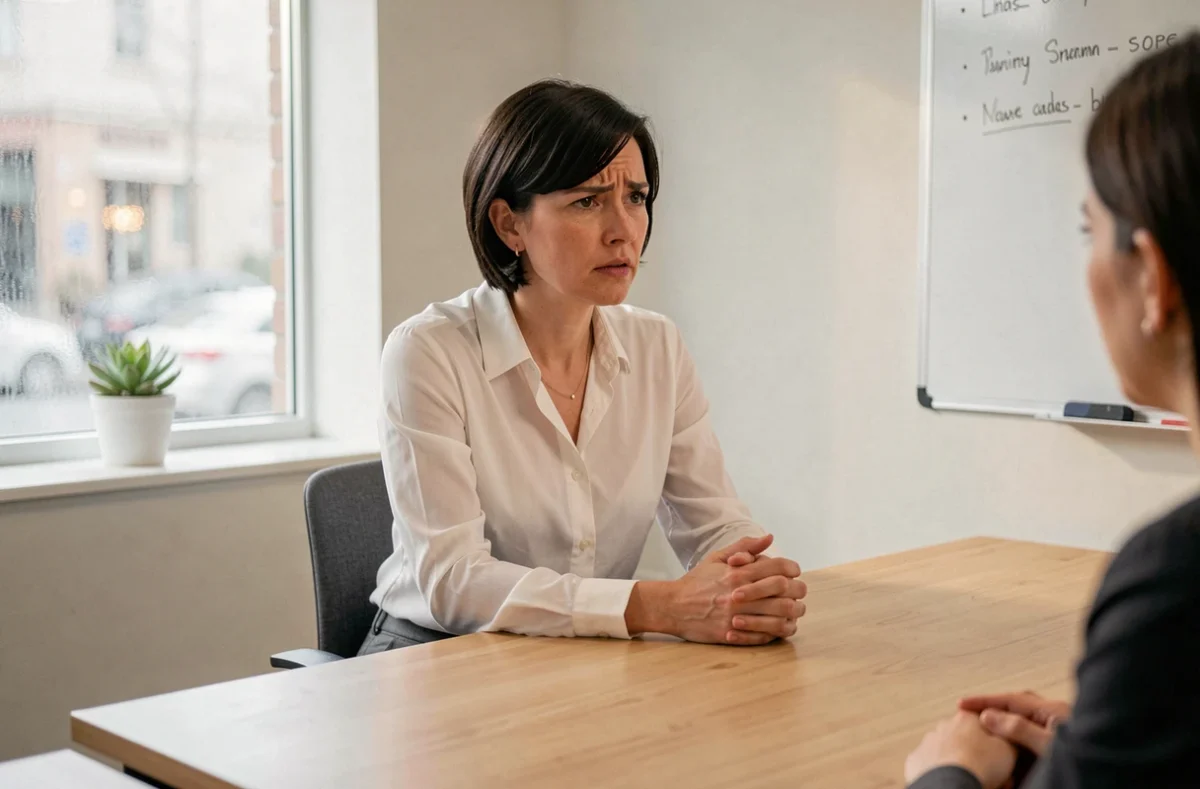 Une femme professionnelle en réunion d'affaires discutant d'un accord de portage salarial avec une expression préoccupée