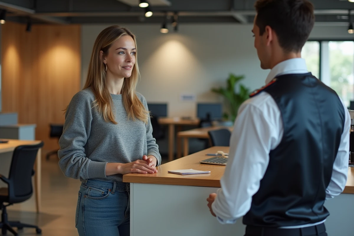 Femme expliquant sa situation à un conseiller en bureau moderne
