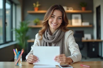 Femme souriante signant une carte d'adieu au bureau