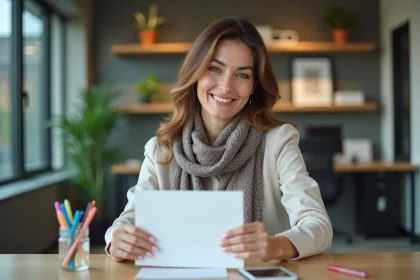 Femme souriante signant une carte d'adieu au bureau