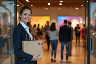 Femme souriante devant la boutique de retail pour l'article