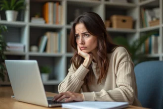 Femme d age moyen travaillant à domicile avec ordinateur