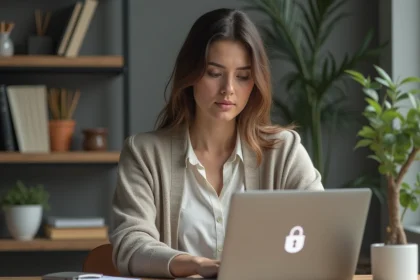 Femme concentrée travaillant sur un ordinateur portable avec verrou