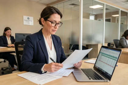 Femme professionnelle en blazer marine qui vérifie ses documents financiers avant un rendez-vous bancaire dans un bureau moderne
