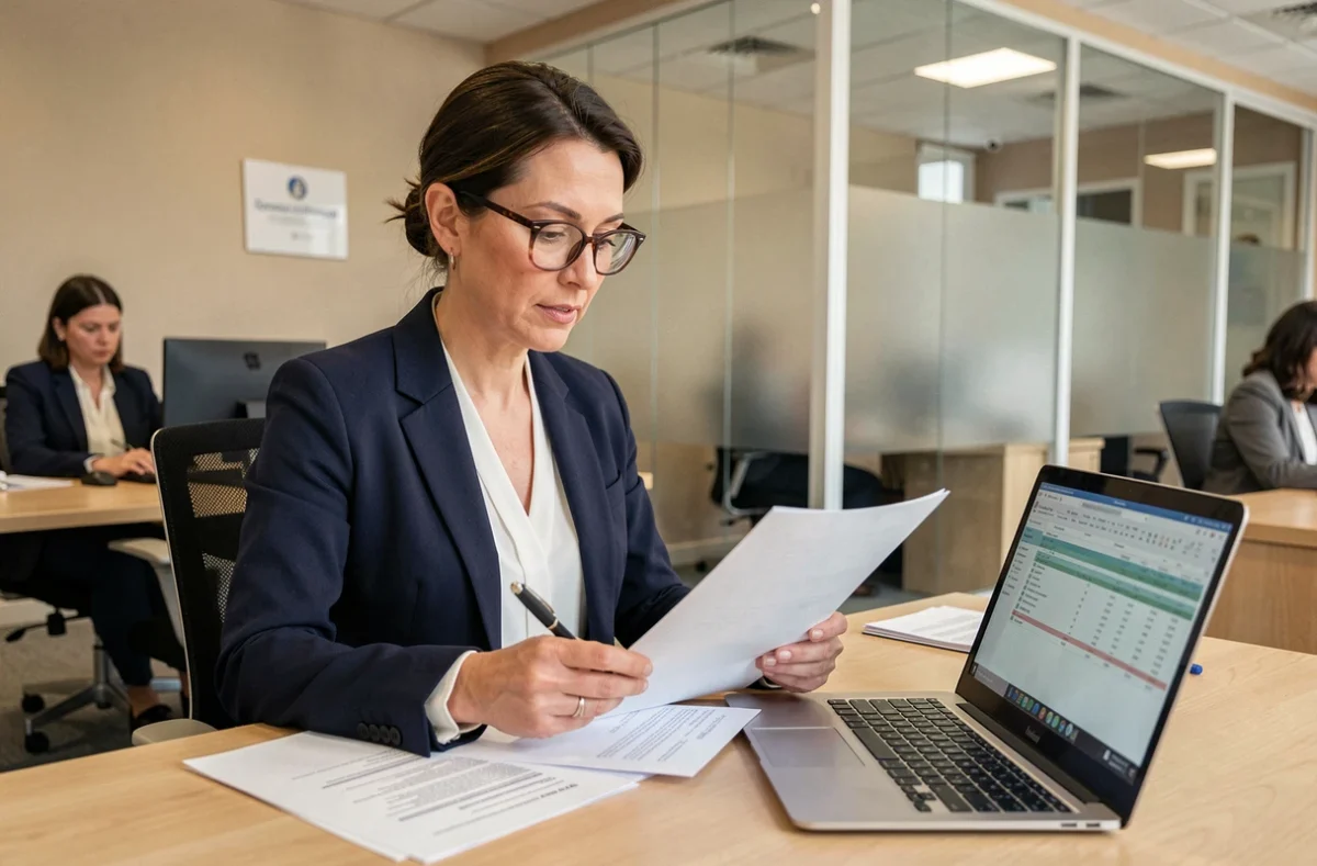 Femme professionnelle en blazer marine qui vérifie ses documents financiers avant un rendez-vous bancaire dans un bureau moderne