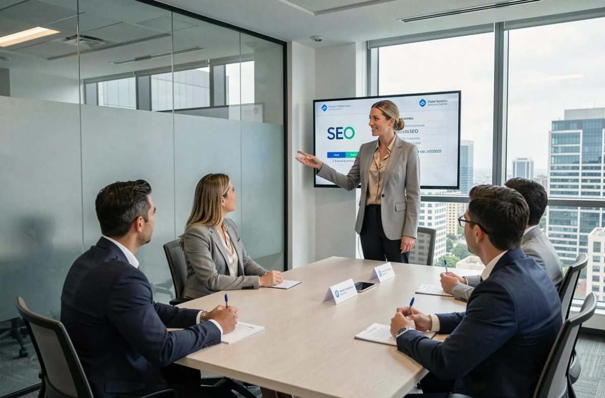 Consultante de FGL Services présentant un rapport SEO à une équipe dans une salle de réunion professionnelle