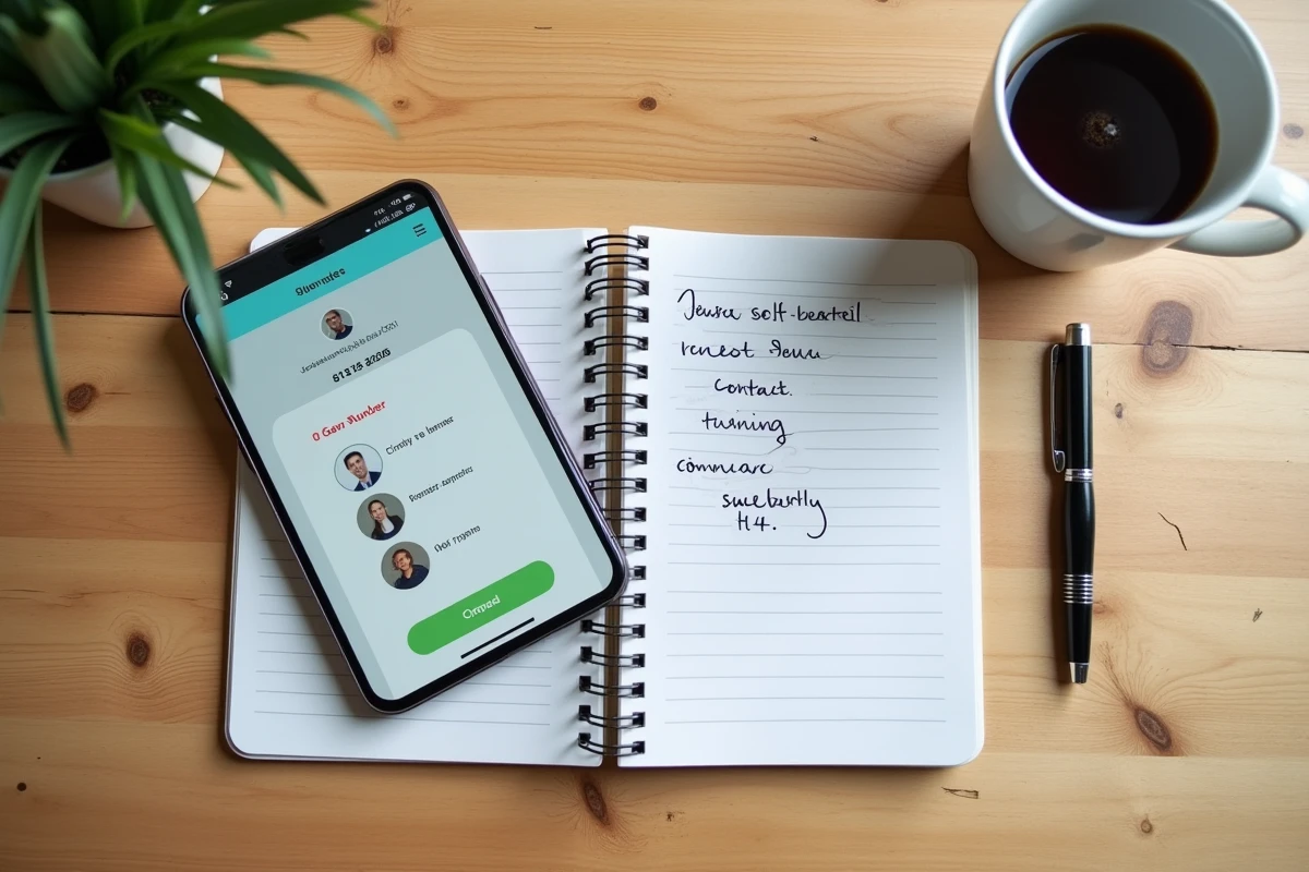 Vue aérienne d'un bureau avec smartphone affichant une page de contact de site web, carnet de notes manuscrites et stylo