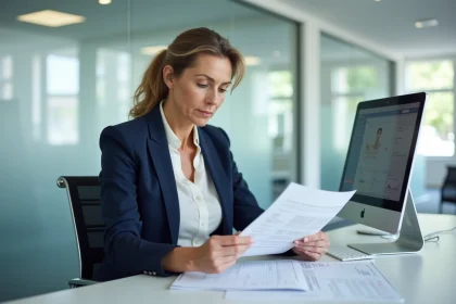 Femme fonctionnaire au guichet d'un centre des finances publiques examinant des documents fiscaux officiels