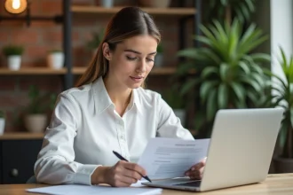 Freelance femme relisant un contrat papier à son bureau dans un espace de coworking moderne